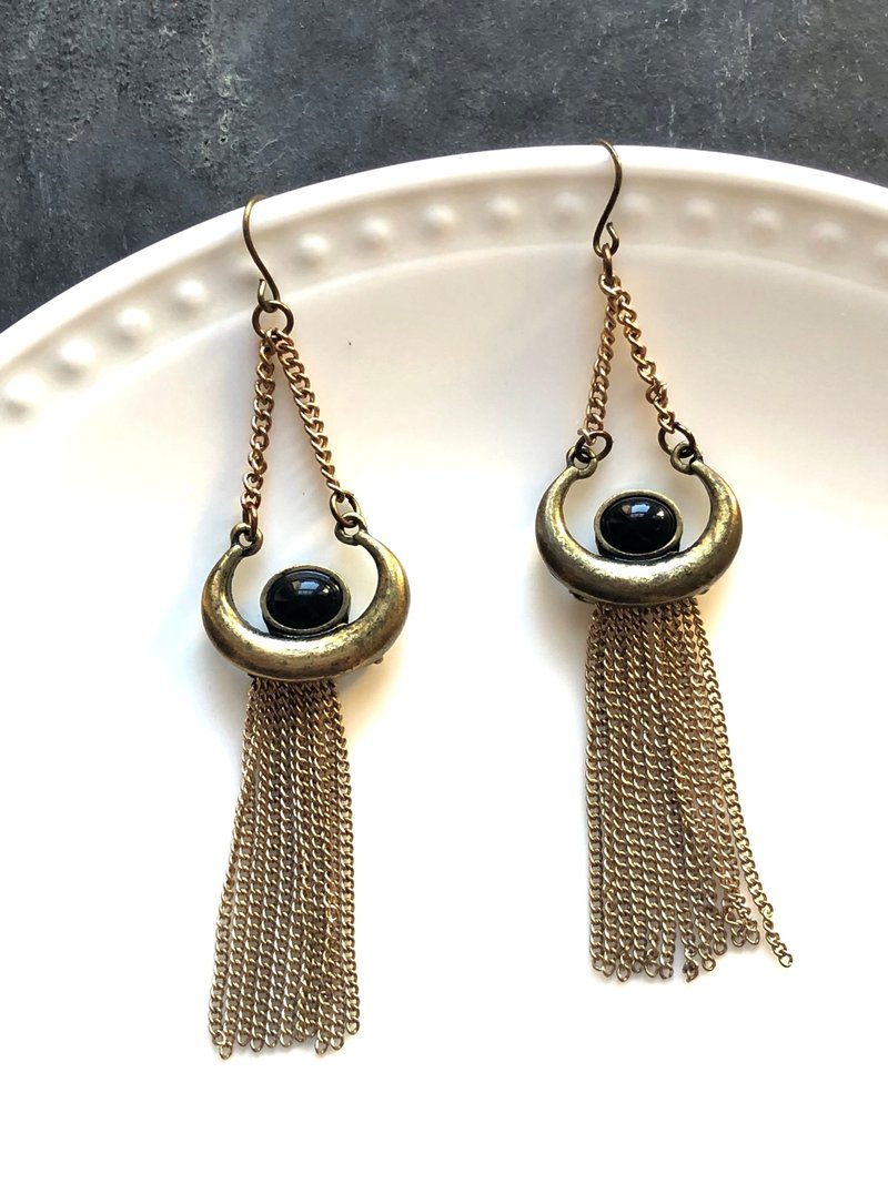Vintage Marble Embed Antique Brass Tassels Drop Earrings - 耳環/耳夾/耳骨夾 - 銅/黃銅 金色