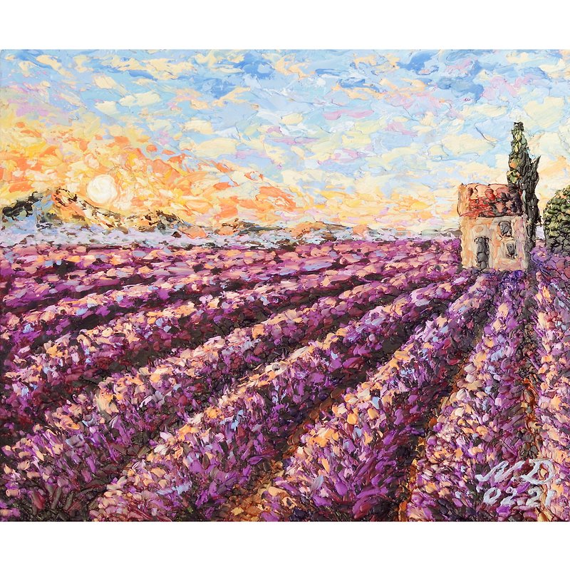 Tuscany Painting Lavender Fields Original Art Italy Landscape Oil Painting - Posters - Other Materials Multicolor