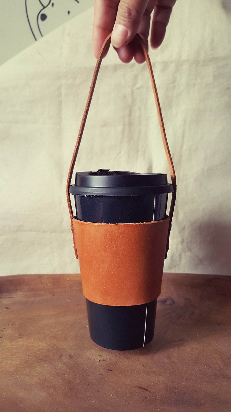 Vintage yellow coffee beverage environmental protection pure leather cup sleeve accompanying cup bag (lover, birthday gift) - ถุงใส่กระติกนำ้ - หนังแท้ สีส้ม
