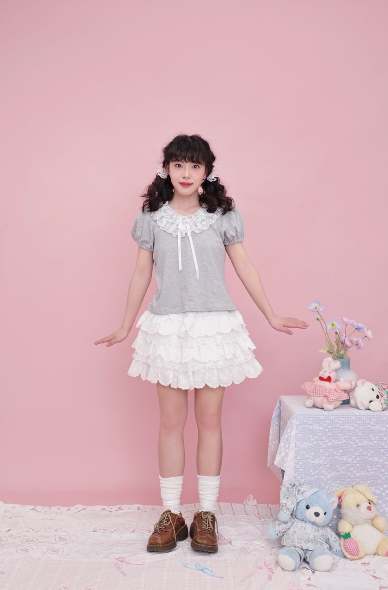 甜美少女 層層花邊蕾絲蛋糕裙 - 裙子/長裙 - 其他材質 白色