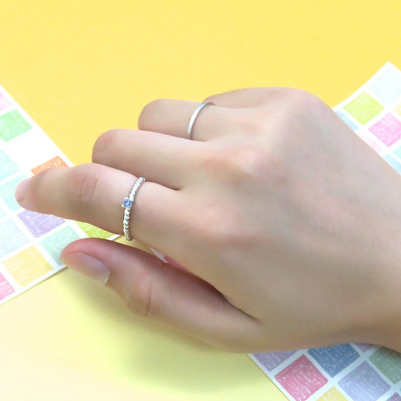 戒指 麻花小鑽爪鑲戒+方線戒 純銀戒指(雙件組-可選色) - 戒指 - 銀 銀色