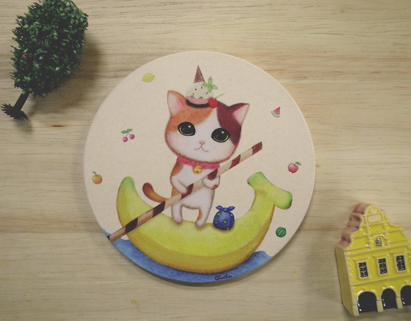 ChinChin Hand-painted Cat Ceramic Water-absorbing Coaster-Banana Sundae