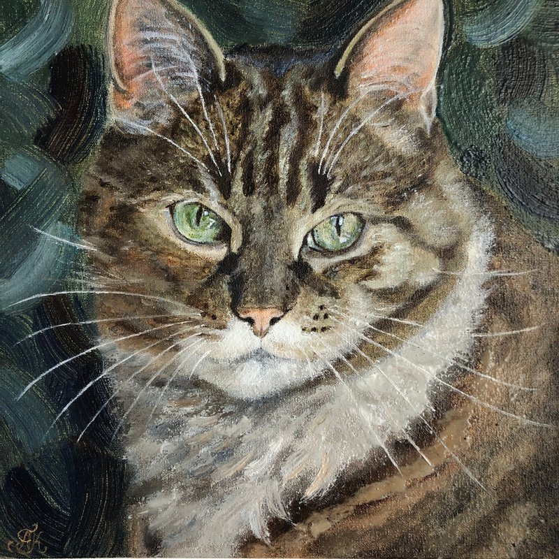 Pet portrait cat original oil painting on canvas wall art home animal portrait - ตกแต่งผนัง - วัสดุอื่นๆ หลากหลายสี