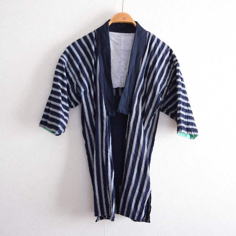 和服夾克農民工作服復古和服棉質條紋圖案日本復古翻拍材料昭和 - 女大衣/外套 - 棉．麻 藍色