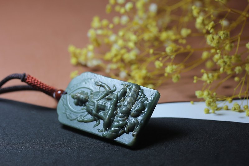 Natural Hetian Jade Four-Armed Avalokitesvara Pendant Necklace Ornament Men's Gift - Necklaces - Jade Green