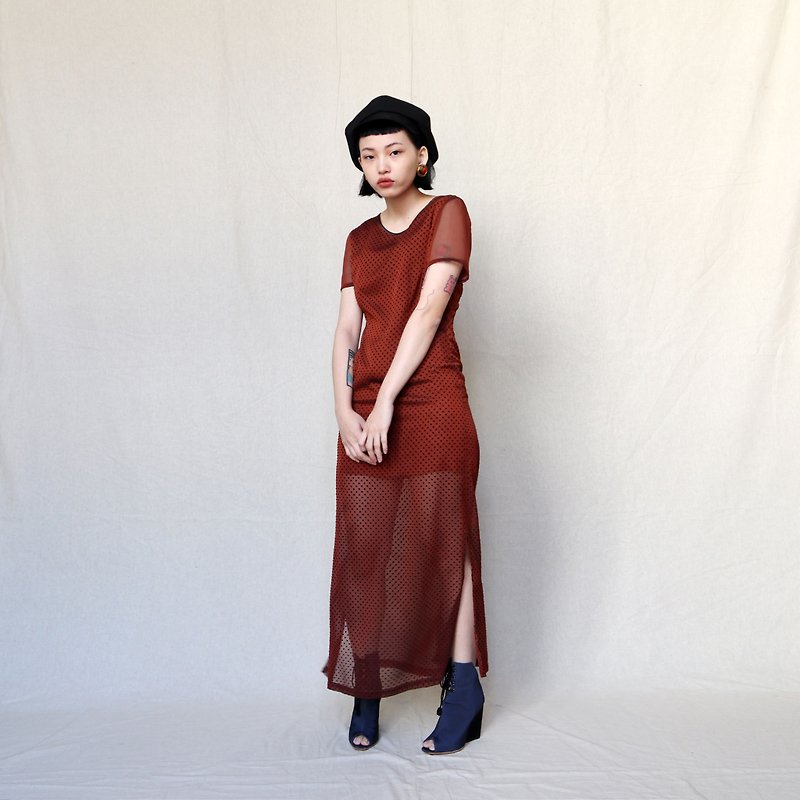 Pumpkin Vintage. Dot round neck semi-transparent slit dress - One Piece Dresses - Other Materials 