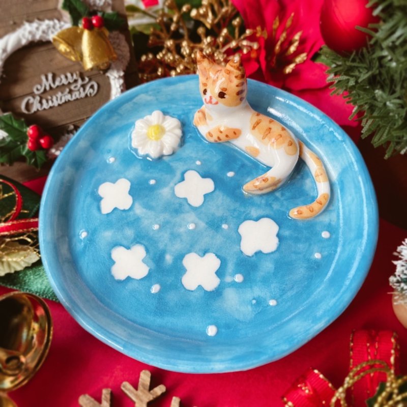 [Christmas Gift] Hand Plate-Daisy Clover Cat (Small) | Free gift box and card writing - จานและถาด - เครื่องลายคราม สีน้ำเงิน