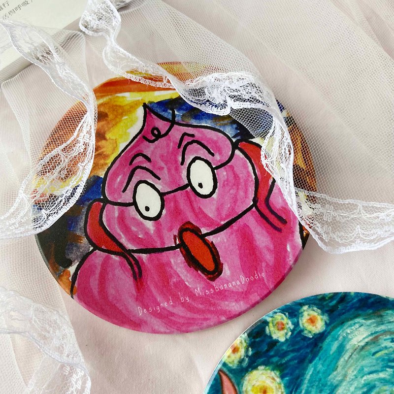 Missbanana Doodle l Pink Poop Famous Painting Journey l Series Ceramic Absorbent Coaster-03 - Coasters - Pottery 