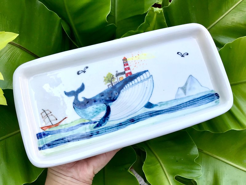 手捏方形盤 鯨魚系列 釉下彩手繪盤 - 盤子/餐盤/盤架 - 瓷 多色