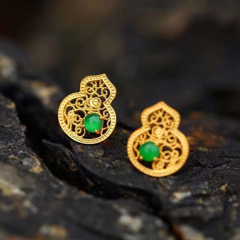 Natural raw ore A goods jade Myanmar jade full of mung beans 18k gold gourd ear needle earrings f - ต่างหู - เครื่องประดับ สีเขียว