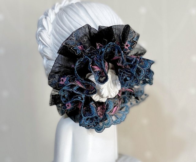 フランス刺繍レースシュシュ/ブルーヘアゴムシュシュヘアゴム