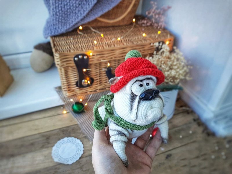 White bulldog interior toy. Big stuffed animal gifts for dog lover. French dog - 公仔/玩偶 - 棉．麻 白色