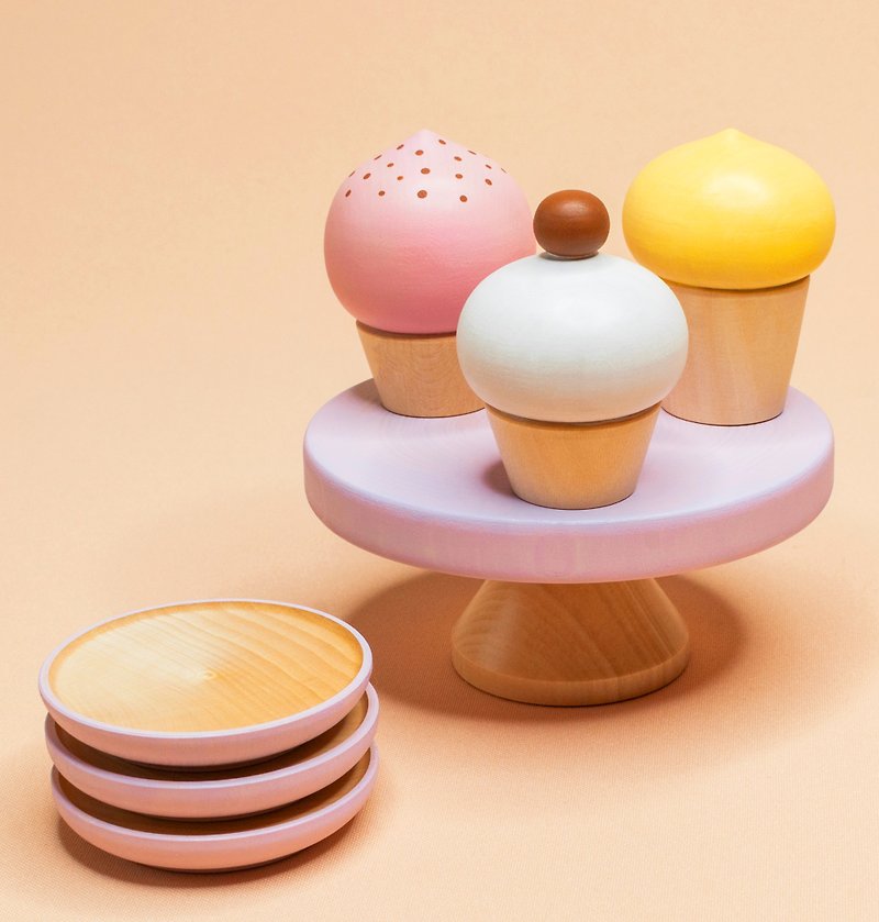 Wooden tea set sweets on a stand - ของเล่นเด็ก - ไม้ หลากหลายสี