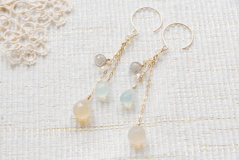 3 kinds of Stone chain earrings 14kgf agate - ต่างหู - เครื่องประดับพลอย หลากหลายสี