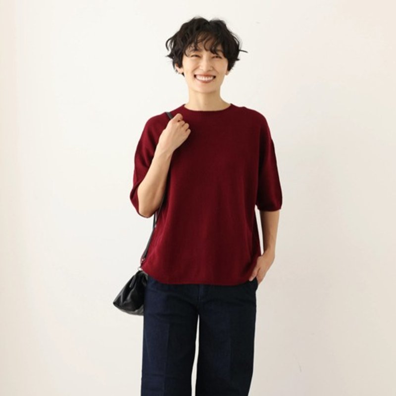 A long-lasting 5/4 sleeve knit, 100% wool, red, 240929-1 - เสื้อผู้หญิง - ขนแกะ 