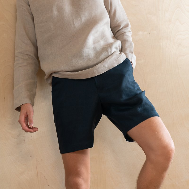 กางเกงขาสั้นผู้ชาย Solstice ผ้าลินินแท้ 100% สีกรมท่า ปรับเอวได้ - กางเกงขาสั้น - ผ้าฝ้าย/ผ้าลินิน สีน้ำเงิน