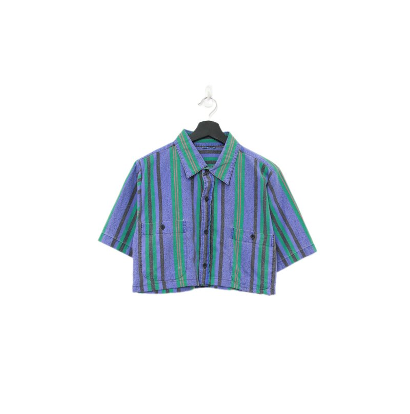 Back to Green-再製短板條紋襯衫 靛紫綠紋 dv-42//vintage shirt - 女襯衫 - 棉．麻 
