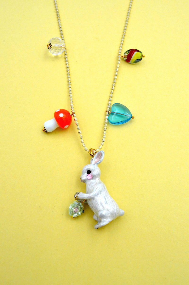 TIMBEE LO White Rabbit Necklace Pink Bead Necklace Ceramic Mushroom Charm - Necklaces - Other Metals White