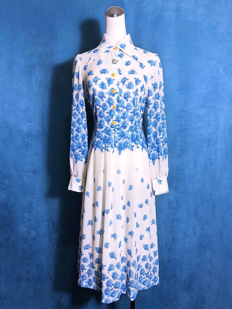 Gradient flower light antique long-sleeved dress / bring back VINTAGE abroad - ชุดเดรส - เส้นใยสังเคราะห์ ขาว
