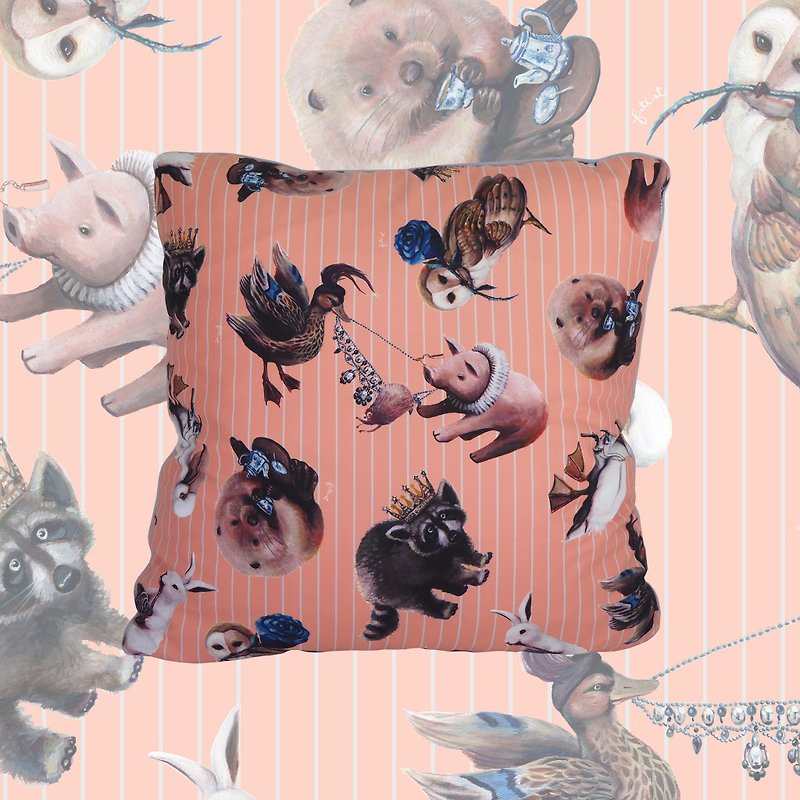 Animal Tea Party Pillowcase (Pastel Pink & Baby Blue Stripe) - หมอน - เส้นใยสังเคราะห์ สึชมพู