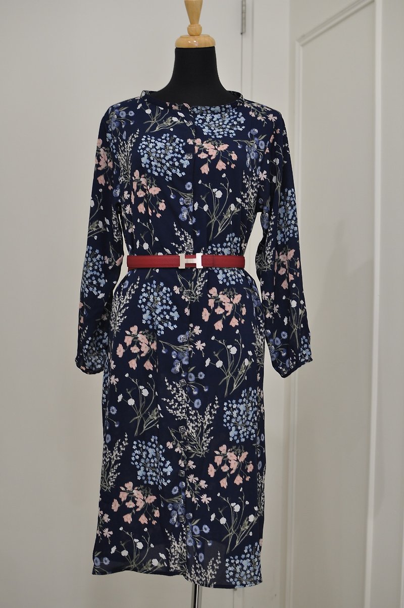 Flat 135 X Taiwan designer Pu Gongying chiffon fabric long version blouse shirt lined dress - One Piece Dresses - Polyester Blue
