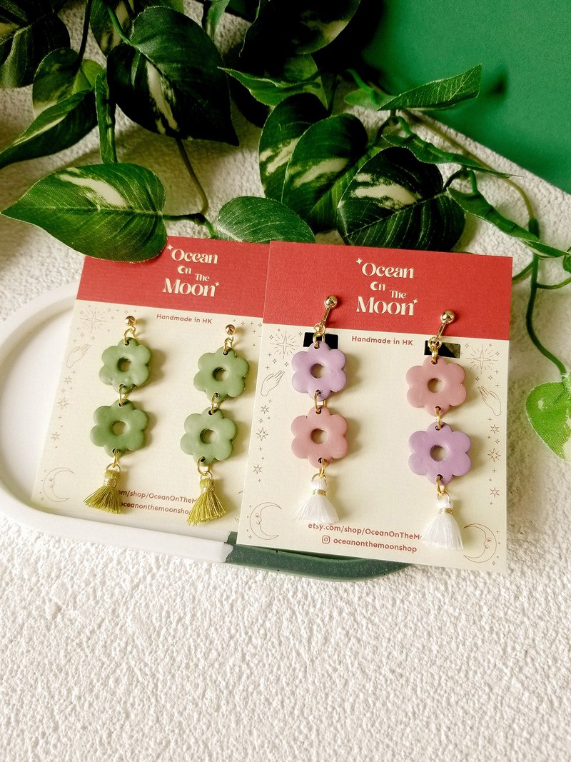 原創手作 Ocean On The Moon - 可愛雙花小流蘇軟陶耳環/耳夾 - 耳環/耳夾/耳骨夾 - 陶 多色