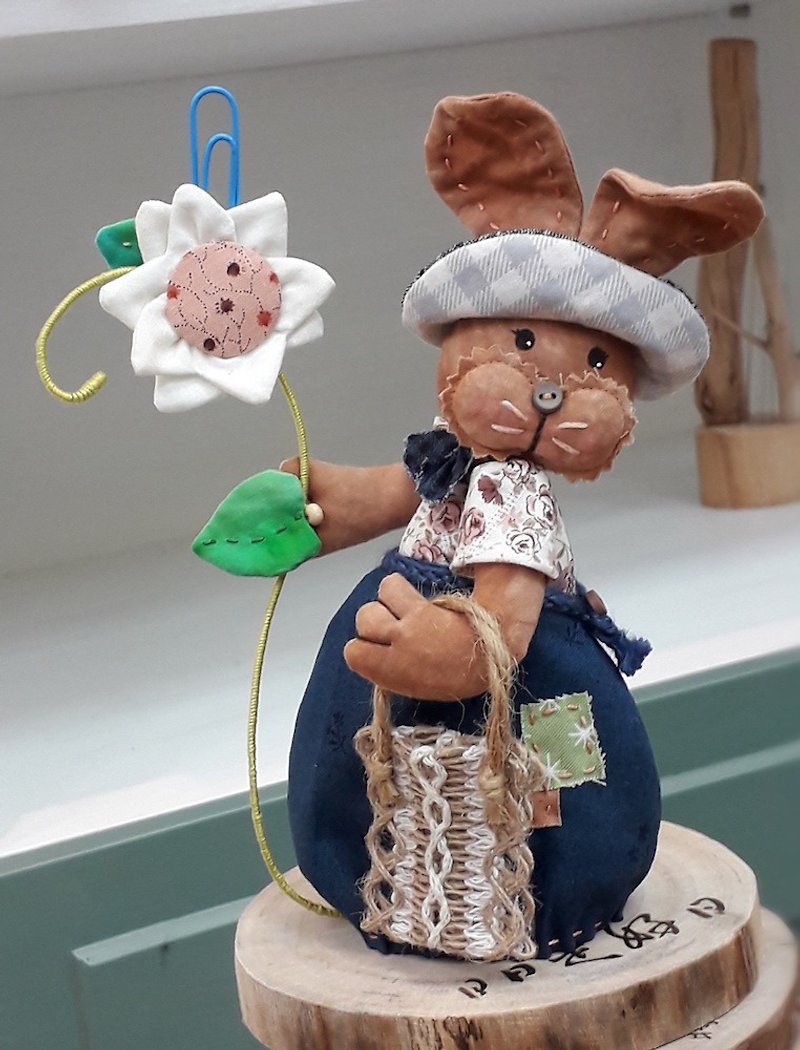 Sunflower hat rabbit memo clip - ตุ๊กตา - ผ้าฝ้าย/ผ้าลินิน สีน้ำเงิน