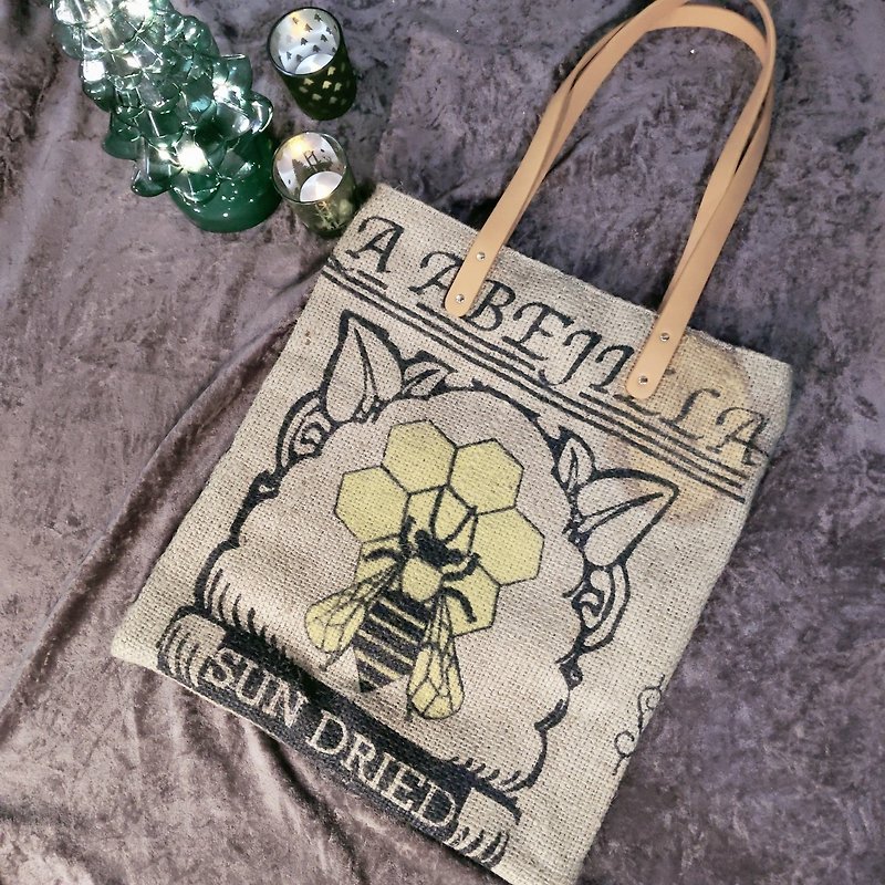 Recycled Coffee Bag Genuine Leather Long Shoulder Bag Zipper Bag Book Bag Tote Bag Custom Christmas Gift - Handbags & Totes - Cotton & Hemp Brown