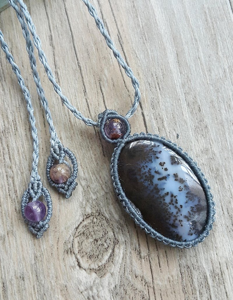 P80 Bohemian National Wind South American Wax Line Braided Purple Ghost Branch Agate Necklace Necklace - Chokers - Other Materials Gray