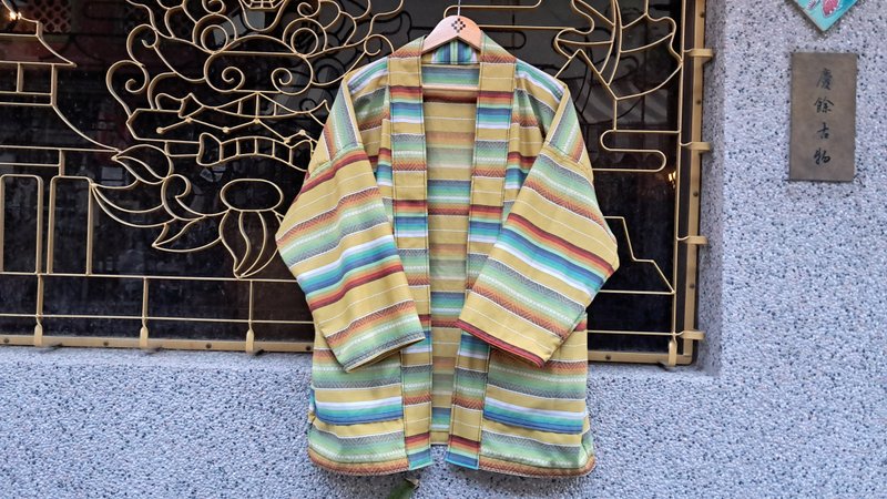 AMIN'S SHINY WORLD Mexican classic mustard yellow jacquard rainbow KIMONO - เสื้อแจ็คเก็ต - ผ้าฝ้าย/ผ้าลินิน หลากหลายสี