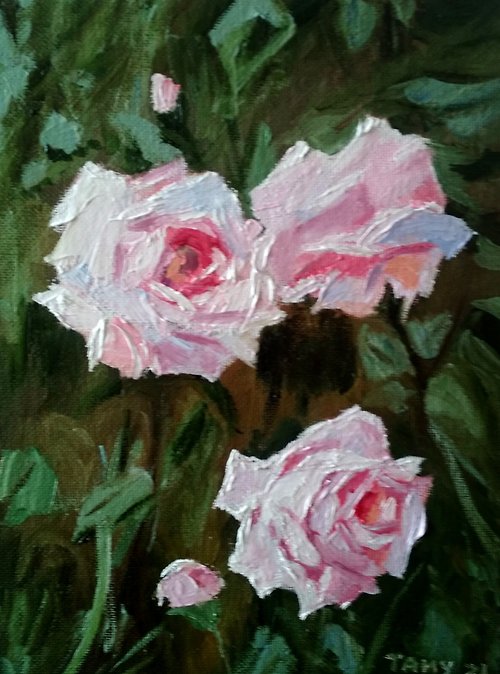 tanycollection Original oil painting Three roses. 24x18x0,3 cm. Unframed.