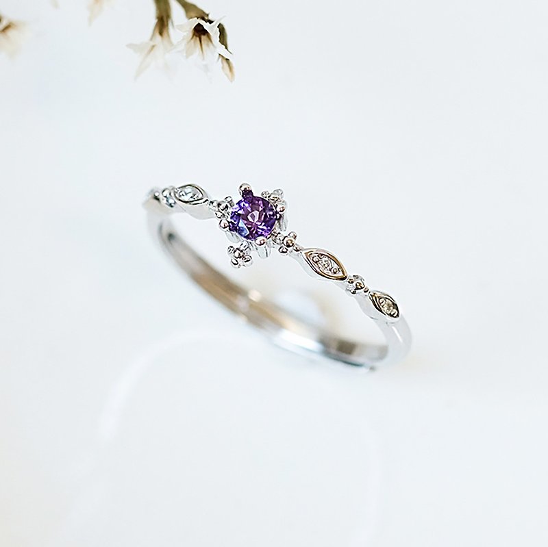 紫水晶 Amethyst 925純銀 戒指 爪鑲氣質復古細戒 2月誕生石 - 戒指 - 純銀 銀色