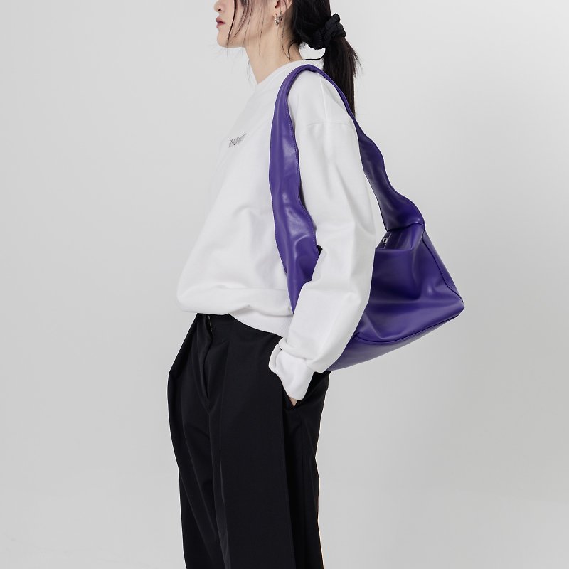 Purple 3 Color Fold Irregular Handbag Bag Drawstring Shoulder Strap Underarm Shoulder Bag Soft PU Leather Thick Thickness - กระเป๋าแมสเซนเจอร์ - หนังเทียม สีม่วง