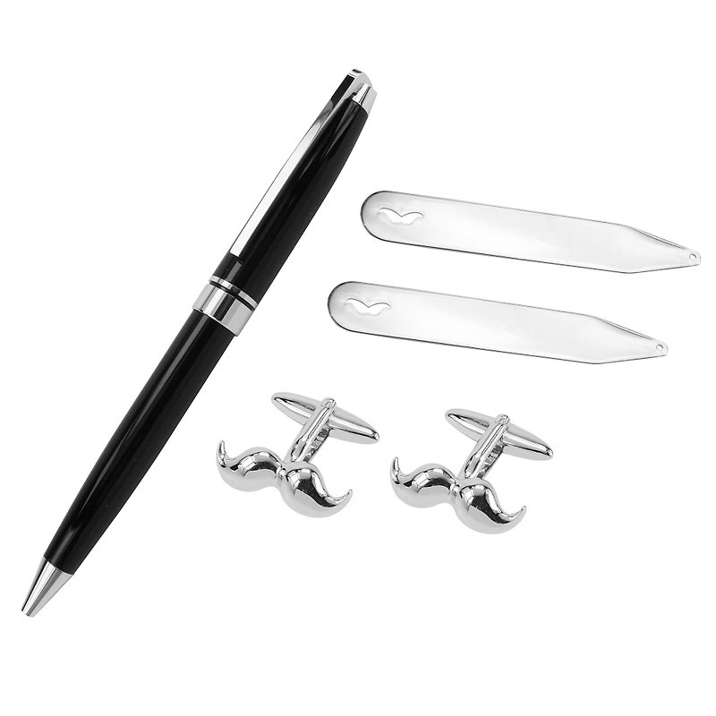 Moustache Cufflinks Collar Stays and Pen Set - Cuff Links - Other Metals Silver