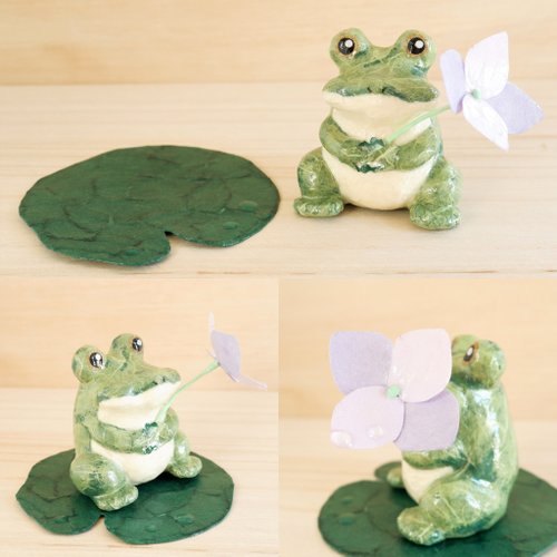 和紙インテリア/置物『一輪の紫陽花をあなたに』カエル(深い緑色)と紫陽花(パープル)        