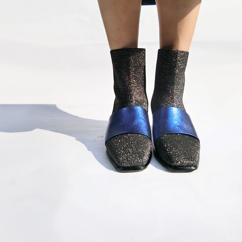 亮蔥針織真皮短靴 ||米蘭櫥窗藝術 霓虹藍光|| 8160 - 女短靴/中筒靴 - 真皮 銀色