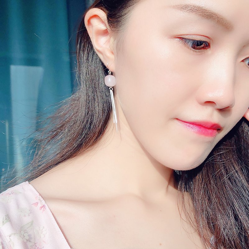 925 silver-rose quartz pierced earrings - Earrings & Clip-ons - Crystal Pink