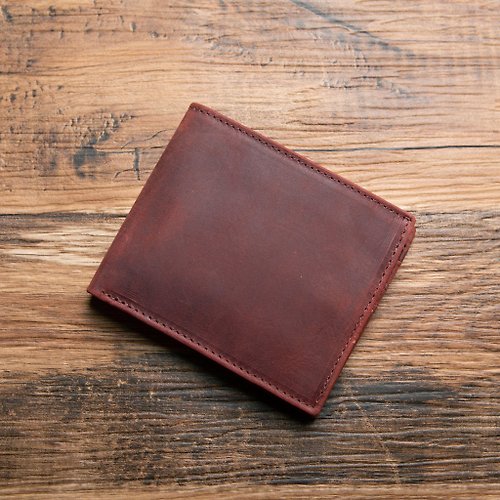 Leather Goods Shop Hallelujah 【客製刻字】短皮夾 雙折式 輕薄 鈔票分類 簡約風 精品短夾 紅色
