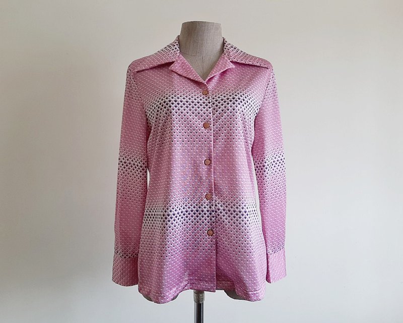 Small Vintage Pink Heart Print Shirt Womens Long Sleeve Blouse S - 女上衣/長袖上衣 - 聚酯纖維 粉紅色