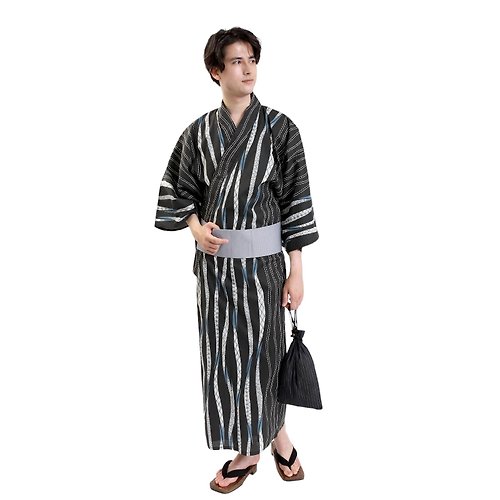 fuukakimono 日本 和服 男士 綿 浴衣 腰封 2 件 套組 S M L Z32-11B