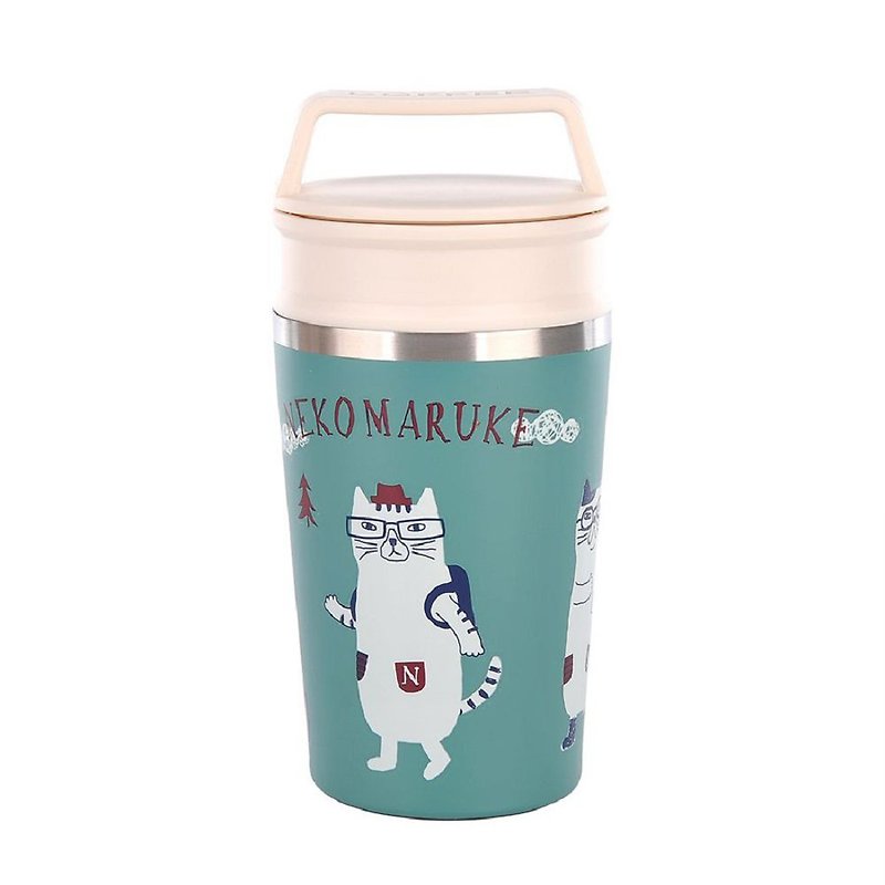 Kusuguru Japan glasses cat Stainless Steel double cover wide mouth accompanying cup cold insulation cup 300ml Teal - กระบอกน้ำร้อน - สแตนเลส สีเขียว