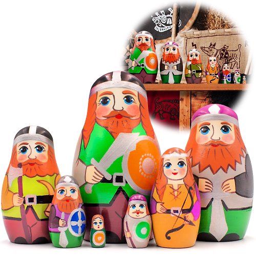 布列斯特纪念品厂 - 套娃 Vikings Russian Nesting Dolls Set 7 pcs - Room Decor for Boys - Viking Gifts