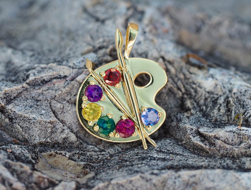 14k Gold Artist Palette Pendant. Multicolor gold pendant. - 項鍊 - 貴金屬 金色