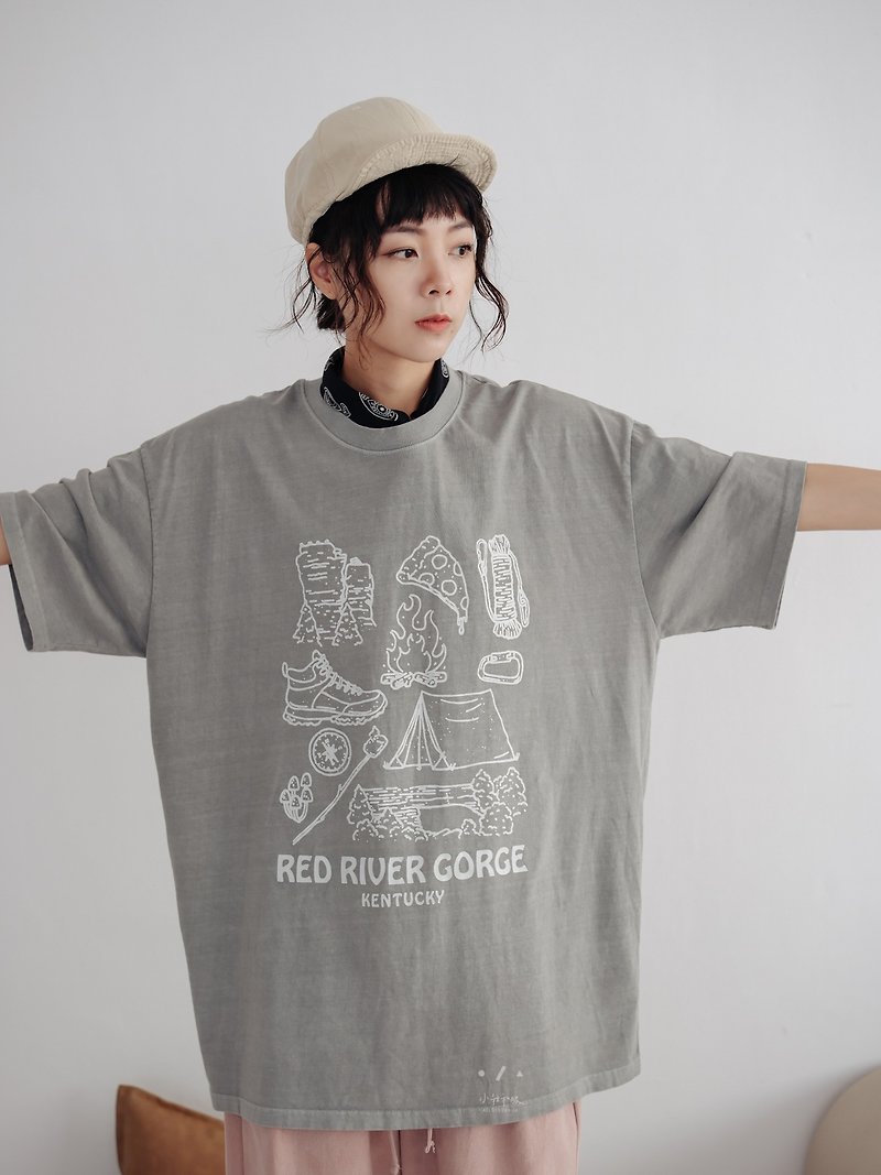 Lai Go Canyon Camping Loose Washed TEE - 3 Colors - Light Smoke Gray - Women's T-Shirts - Cotton & Hemp Gray