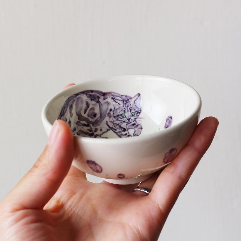 marble cat  with purple flower small bowl - Bowls - Pottery Purple