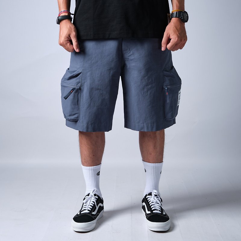 ONE-1111-STUDIO Large Pocket Cargo Shorts/Stiff Fit/Zip Large Pocket/Navy Blue - Men's Shorts - Cotton & Hemp 