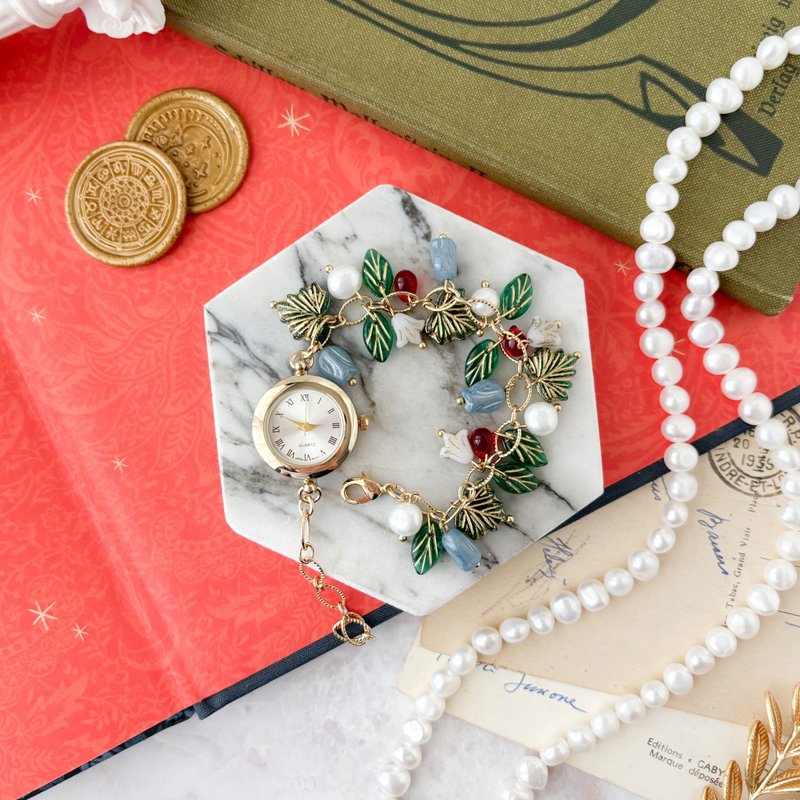 【クリスマス限定コレクション】Ruby /チェコビーズと淡水パールのクリスマスリースのブレスレットウォッチ　LI214 - 女錶 - 其他金屬 綠色