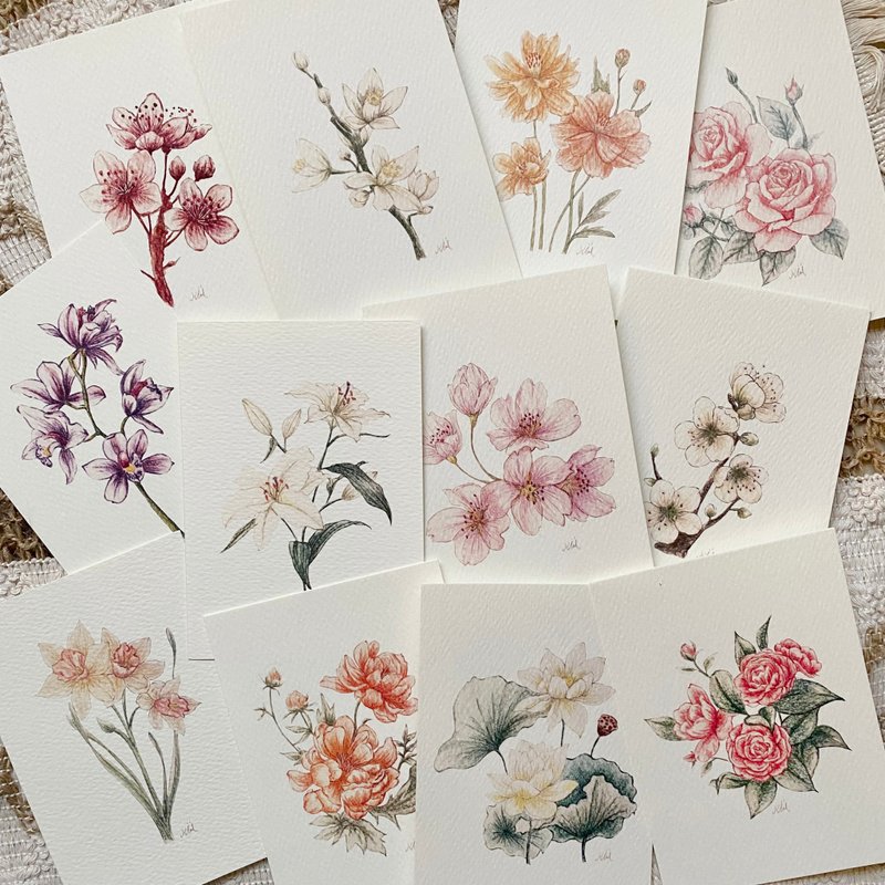 Twelve types of retro spring flower illustrations universal cards/postcards - การ์ด/โปสการ์ด - กระดาษ 