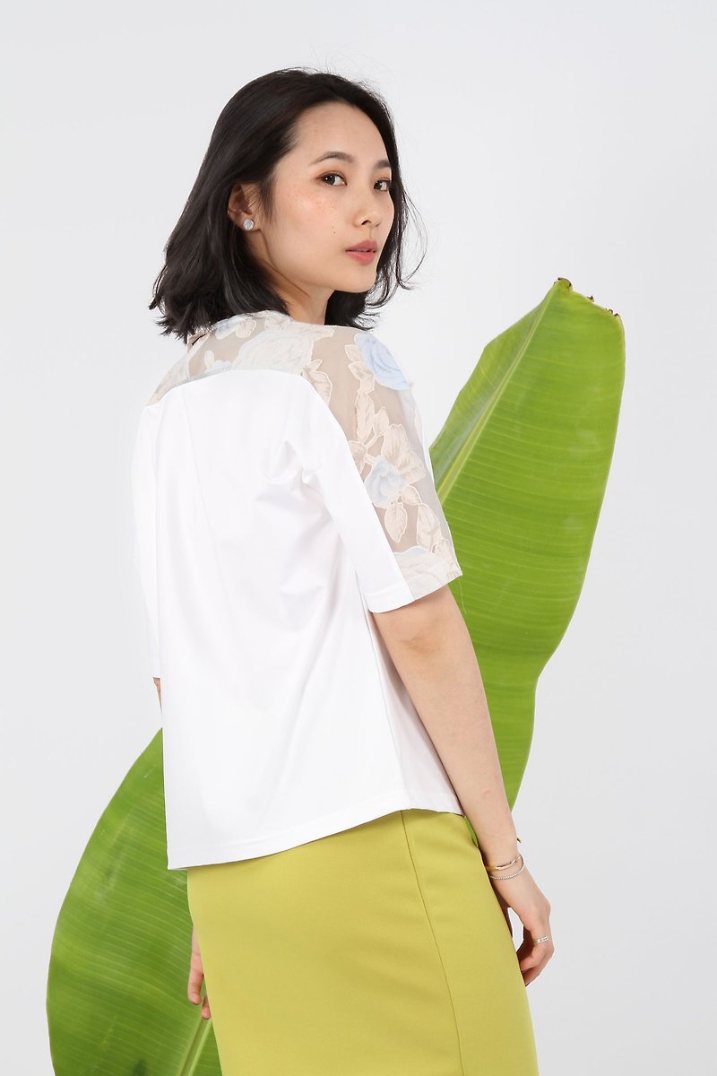 Transparent Flower Sleeve Reflective Absorbing Top-White - Women's Tops - Polyester White