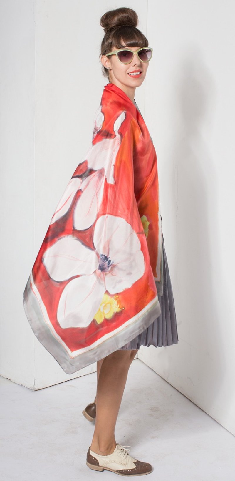 Scarlet Red Silk shawl, Magnolia Silk Scarf painted by hand/ Designer Scarf - ผ้าพันคอ - ผ้าไหม สีแดง